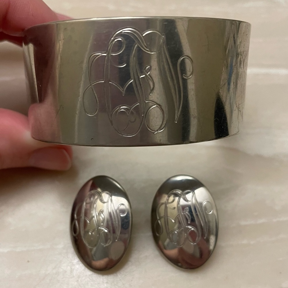 Silver Monogrammed Cuff Bracelet and Earrings Set AFN for ANF Initials Bangle